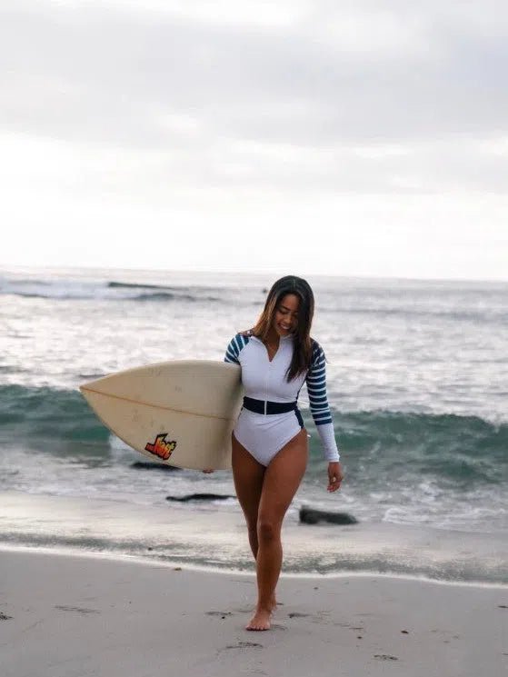 Long Sleeve One Piece Swimsuit | The Sulawesi Snow and Navy - Ocean Soul Bali - Sustainable Swimwear